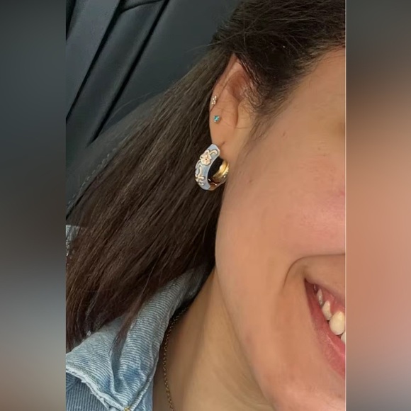 Positano Blue Floral Gold Hoop Earrings - Picture 3 of 8